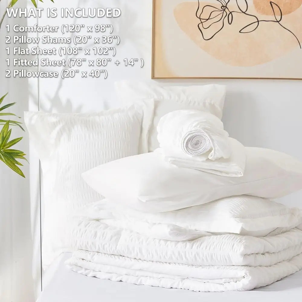 Luxury King Comforter Set – White Seersucker 7 Piece Bedding Collection, 120x98 King Bed in a Bag Set.