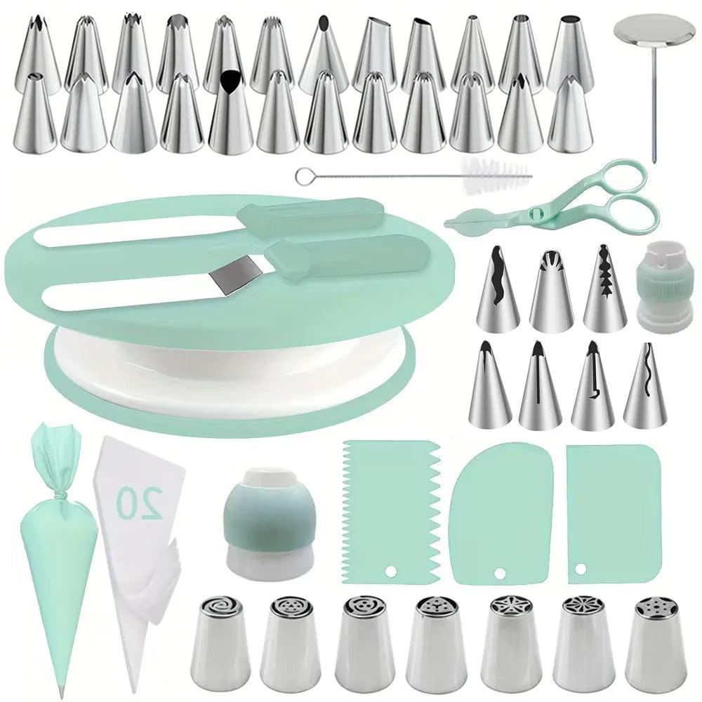 All-in-One 100-Piece Cake Decorating Set – Includes Turntable, Tips, Spatulas & Bags, pink or green.