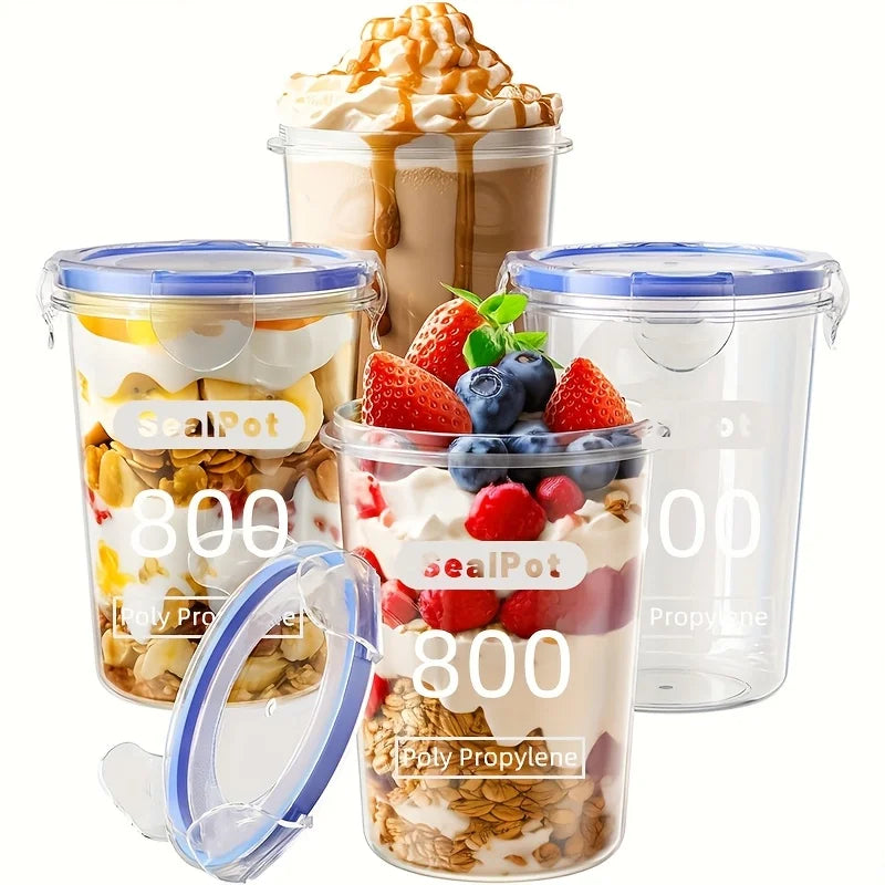 4PCS Microwave-Safe Oat Containers, Containers for Yogurt & Fruit, 28oz Reusable Breakfast Storage Jars with Sealing Rings