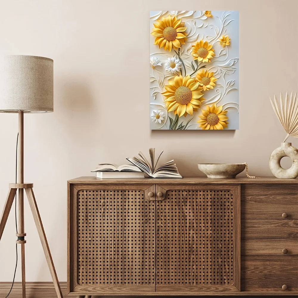 Modern 3D Sunflower Relief Canvas Art with Wooden Frame.