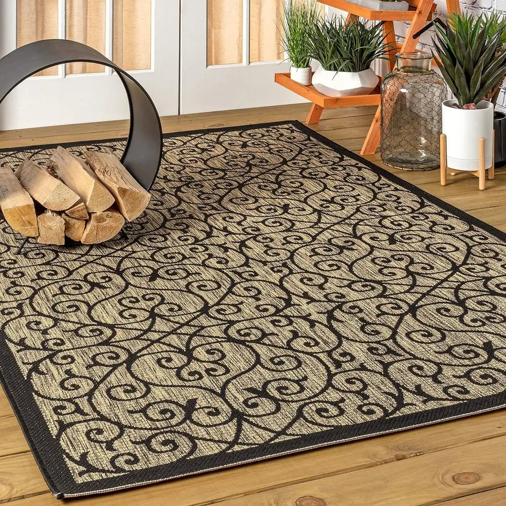 8 X 10 Contemporary Outdoor Rug for Backyard and Living Spaces. Filigree Black and Khaki.