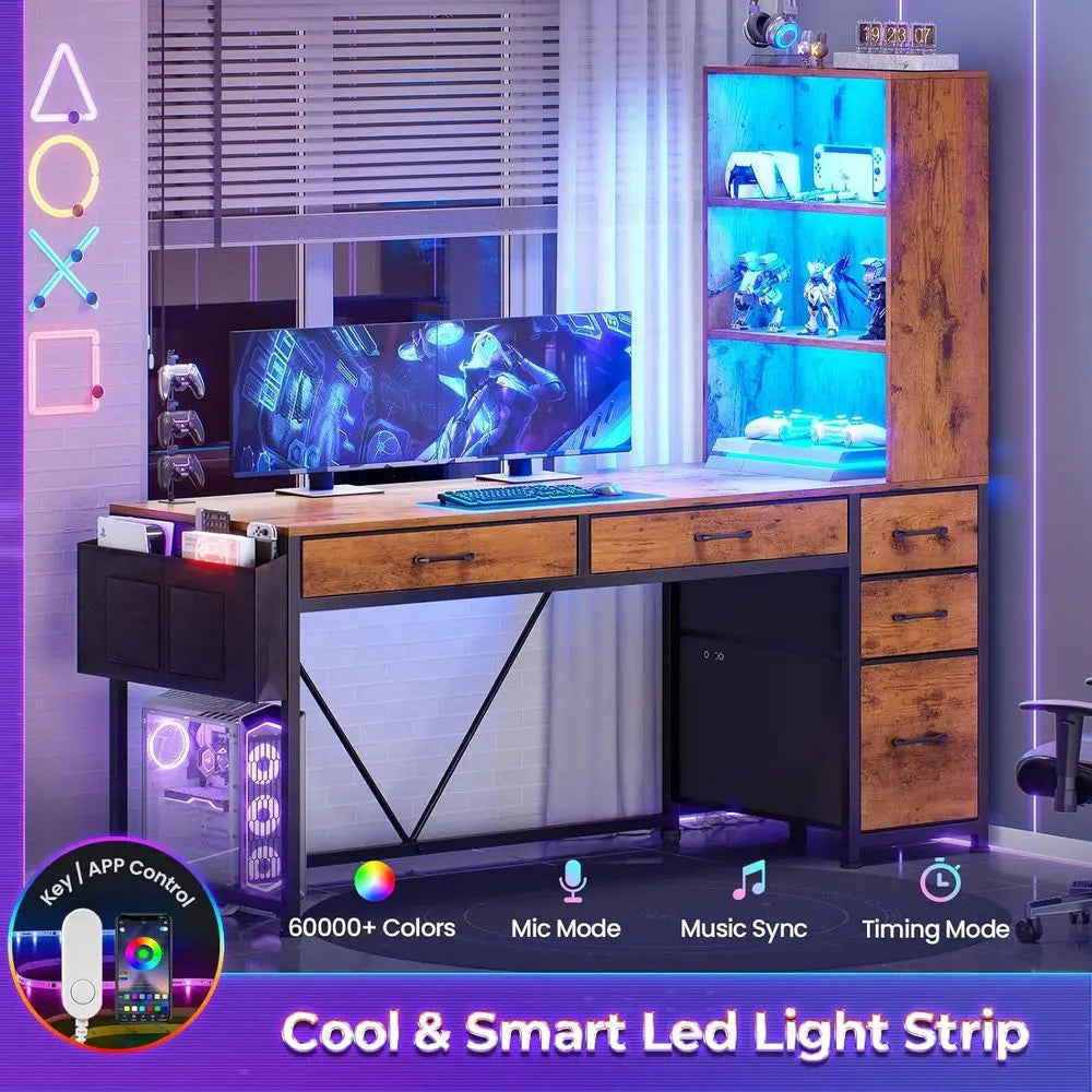 5-Drawer Rustic Brown Computer Desk with Integrated Bookshelf and LED Lights.