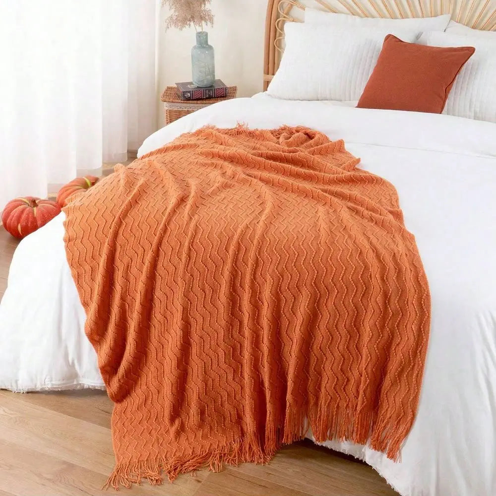 Cozy Orange Couch Throw Blanket – Knitted Tassel Decorative Blanket 50x60.
