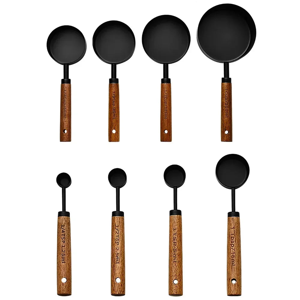 8Pcs Baking Measuring Tool Set – Gold Finish Stainless Steel Cups & Spoons with Wood Handles