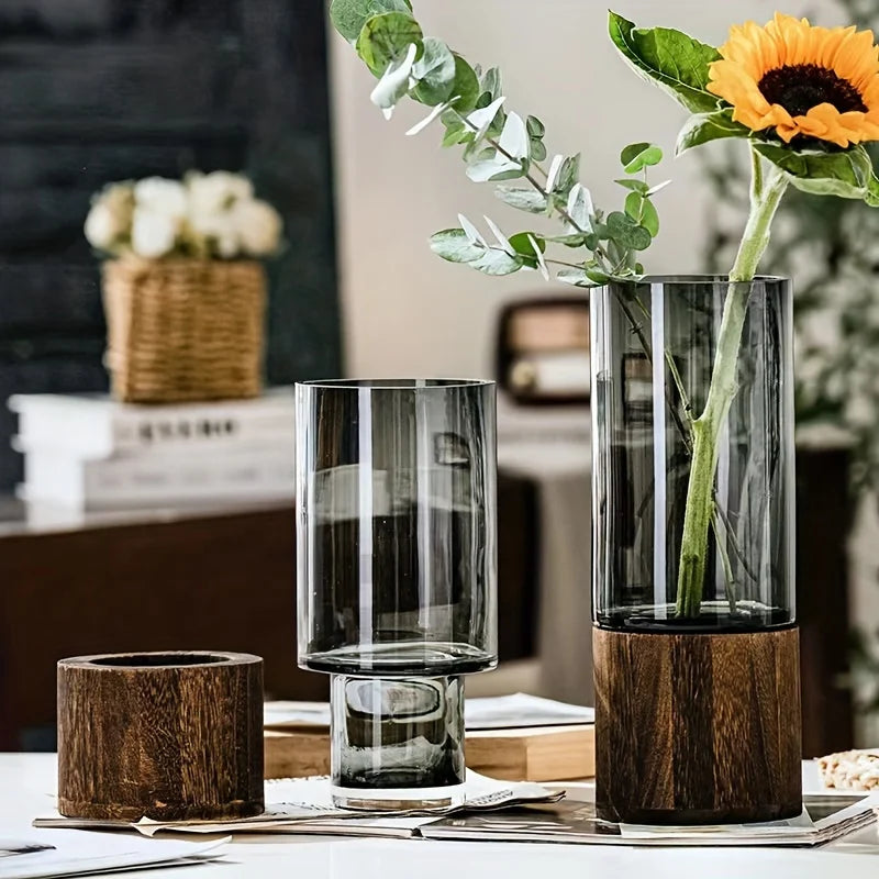 Contemporary Glass Vase with Minimalist Wooden Stand.