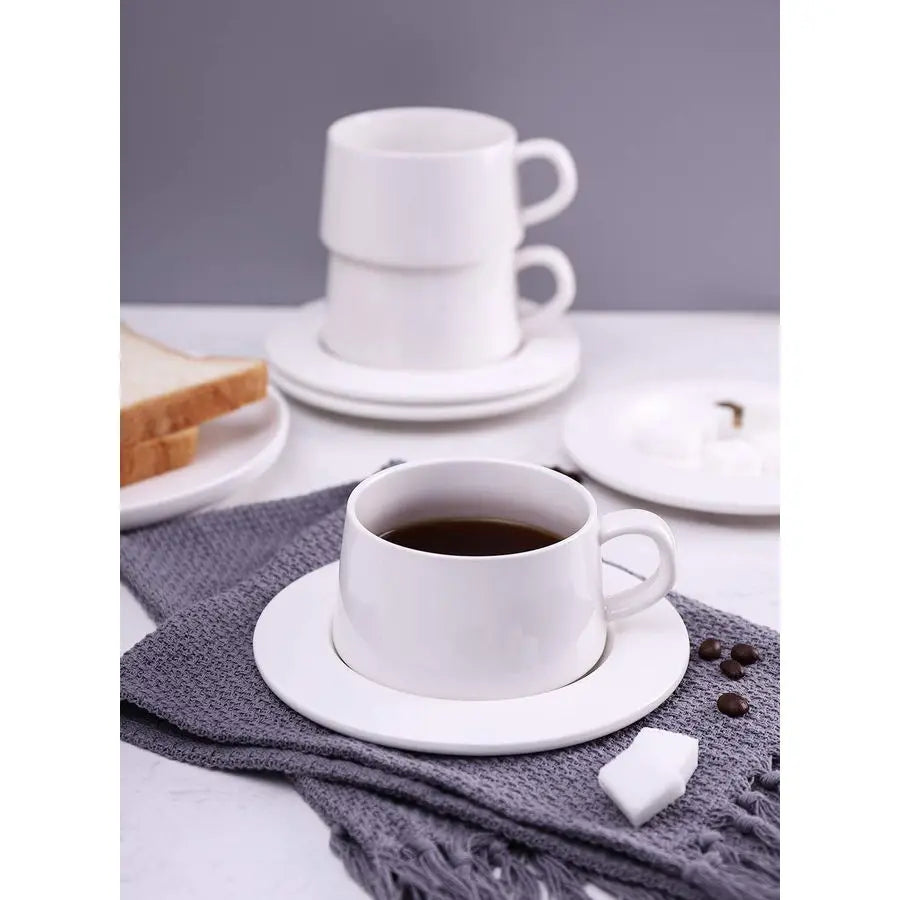 Porcelain Stackable Cappuccino Cups with Saucers – 8oz Specialty Coffee Cup Set