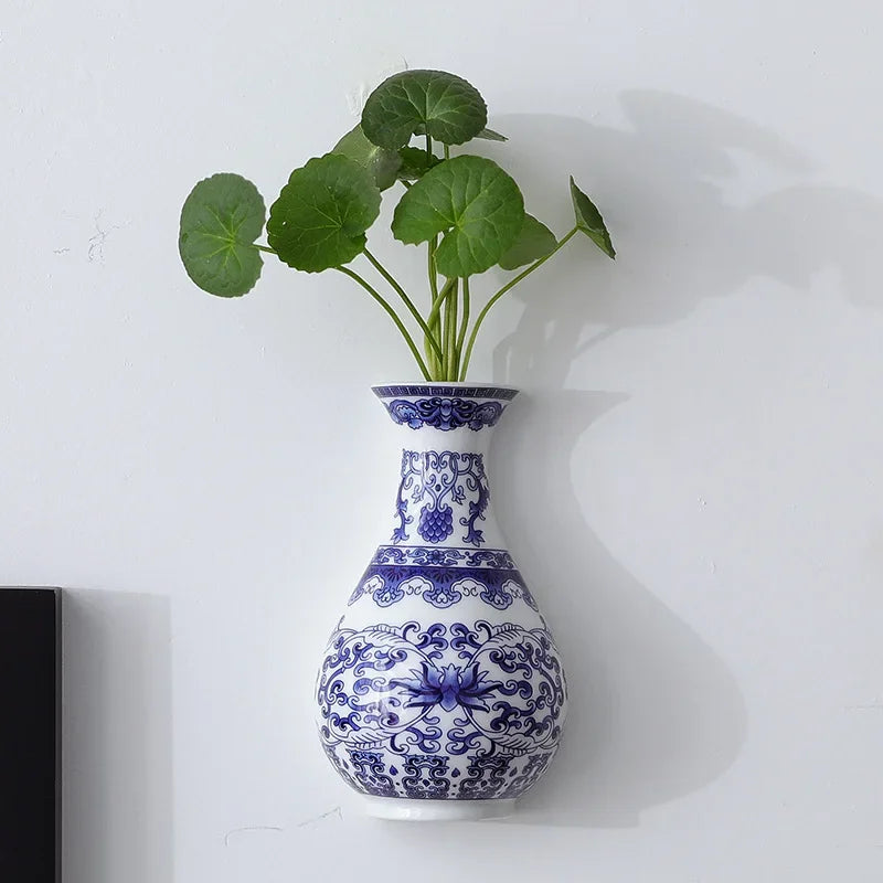 Modern Take on Antique Blue and White Ceramic Wall Vase.