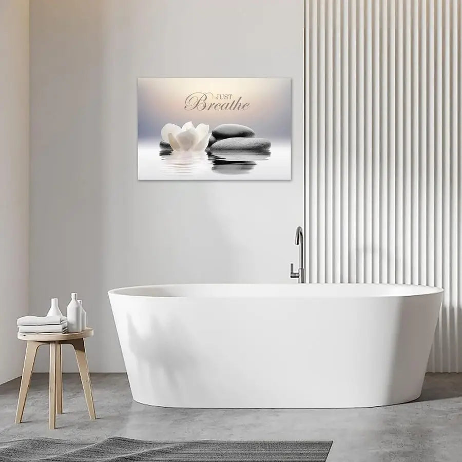 “Just Breathe” Yoga Wall Art with White Lotus Spa Design.