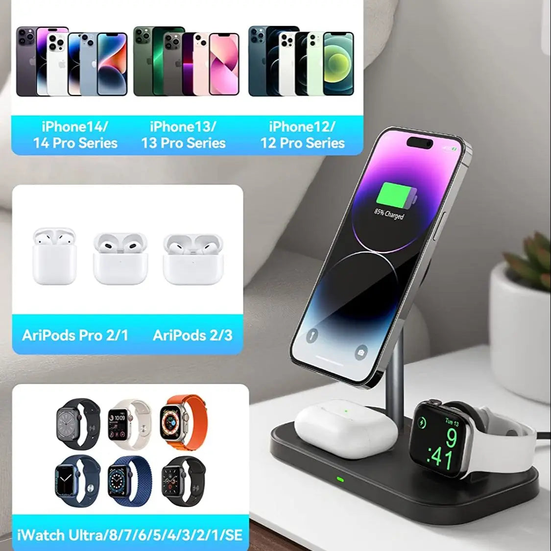 3-in-1 Wireless Charging Station for iPhone, Apple Watch, and AirPods; Compatible with iPhone 16/15/14/13 Series.