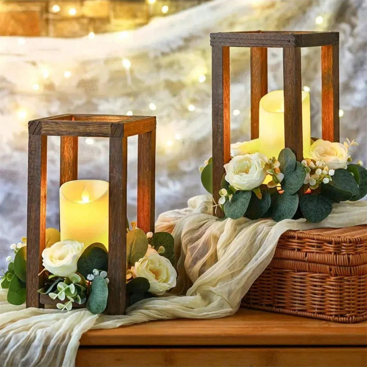 Wooden Candle Lantern Centerpiece with Decorative Wreath – Rustic Home Decor Accent