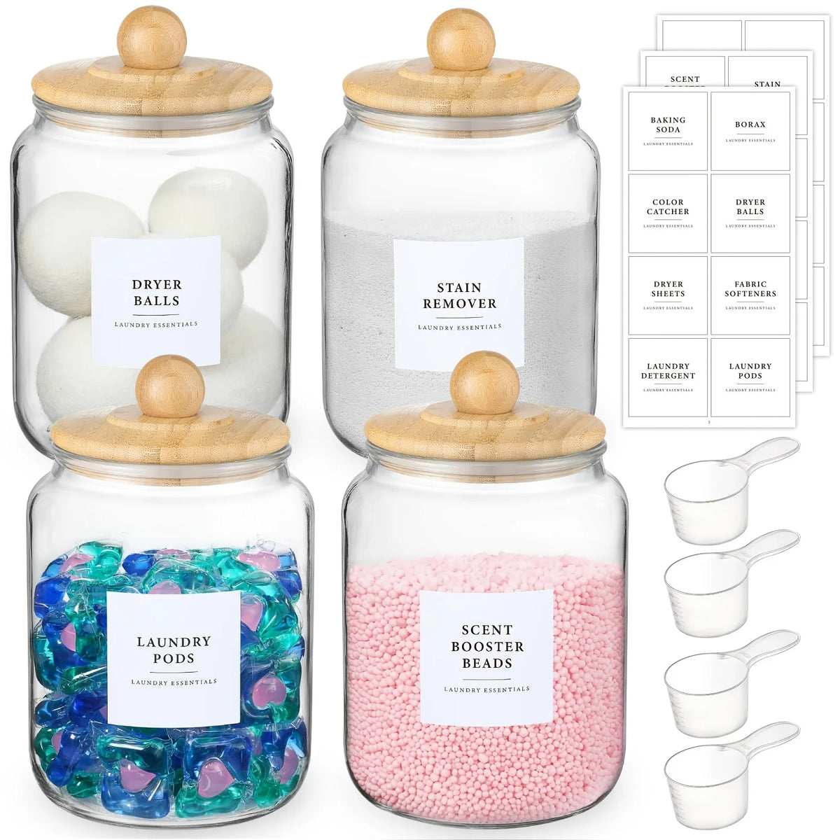 Glass Storage Jars with Airtight Lids & Labels – Half Gallon Containers with Spoons for Laundry Essentials