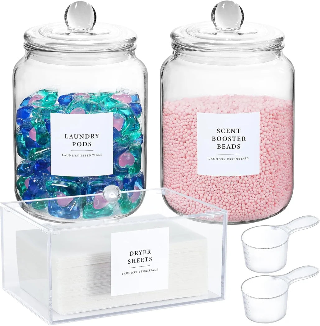 Glass Storage Jars with Airtight Lids & Labels – Half Gallon Containers with Spoons for Laundry Essentials