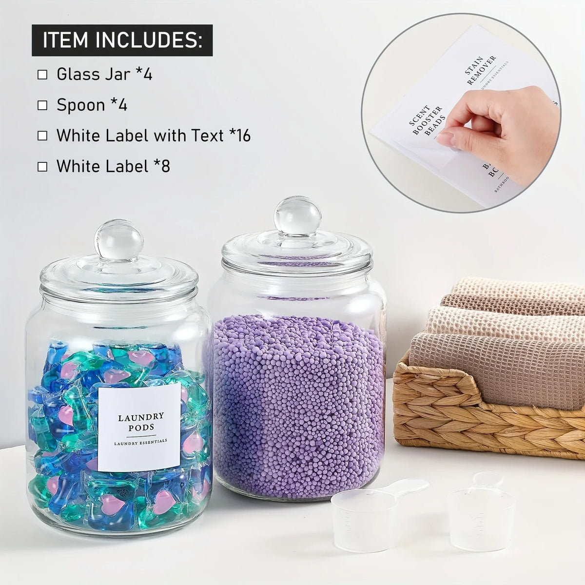 Glass Storage Jars with Airtight Lids & Labels – Half Gallon Containers with Spoons for Laundry Essentials
