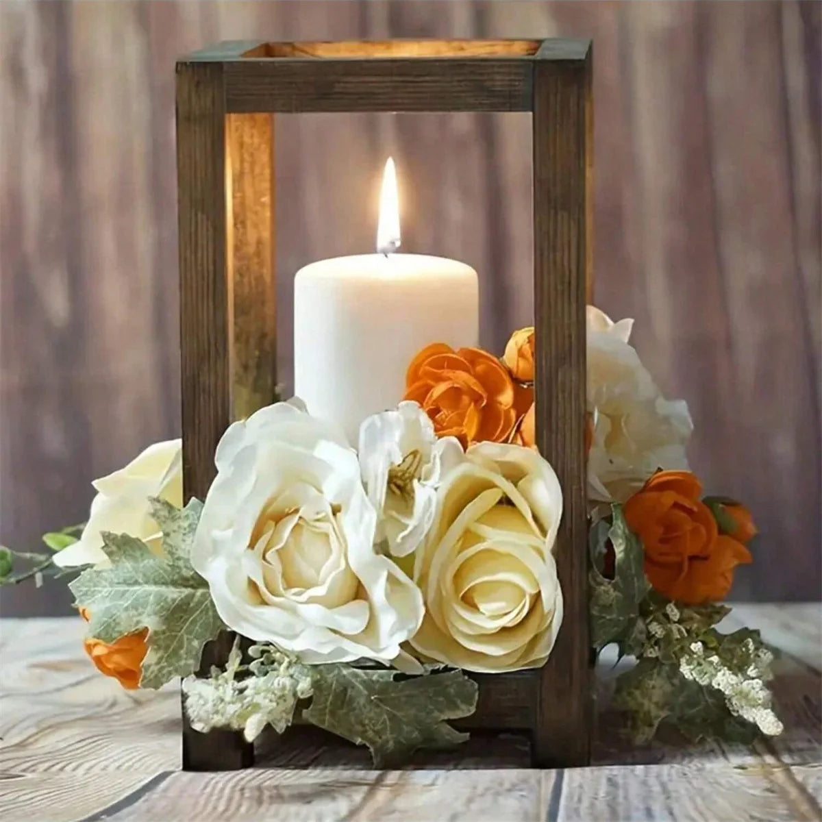 Wooden Candle Lantern Centerpiece with Decorative Wreath – Rustic Home Decor Accent