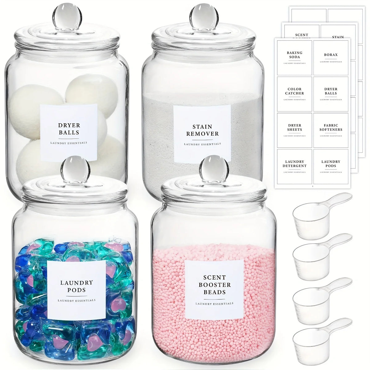 Glass Storage Jars with Airtight Lids & Labels – Half Gallon Containers with Spoons for Laundry Essentials