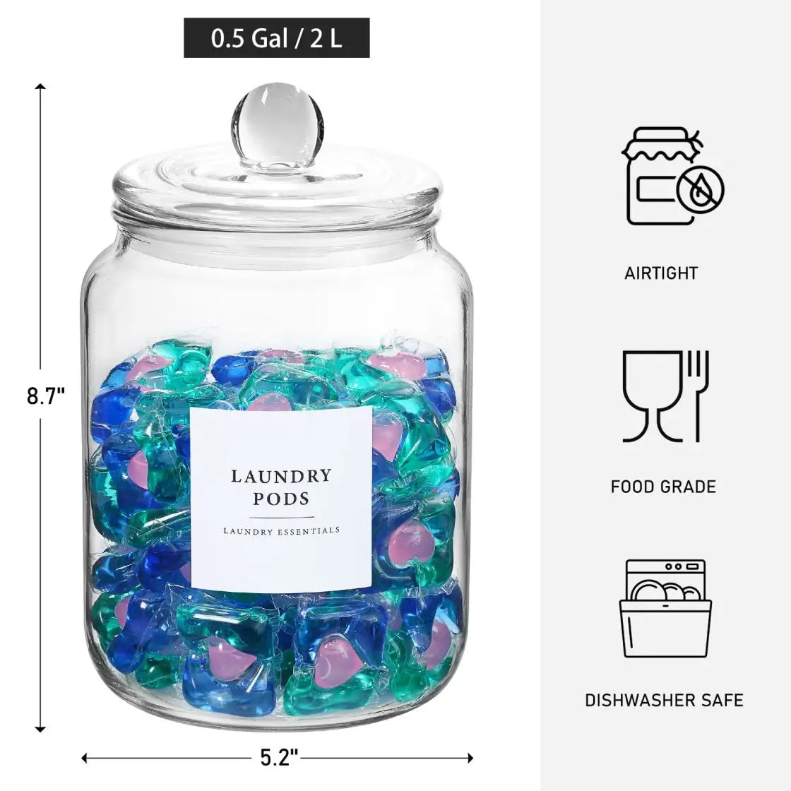 Glass Storage Jars with Airtight Lids & Labels – Half Gallon Containers with Spoons for Laundry Essentials