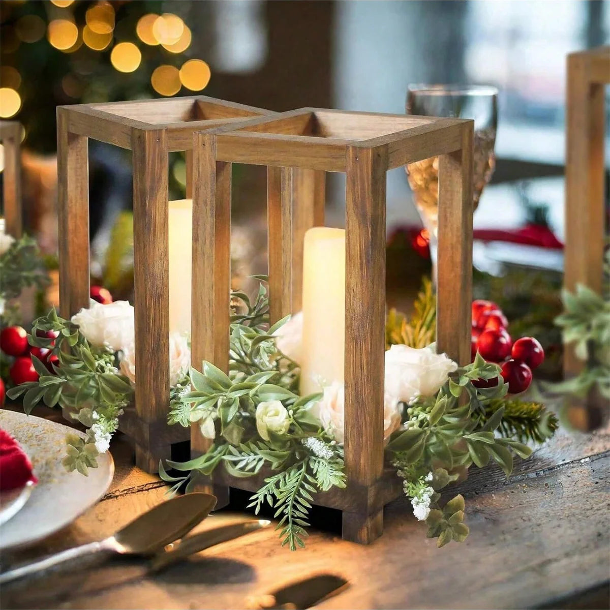 Wooden Candle Lantern Centerpiece with Decorative Wreath – Rustic Home Decor Accent