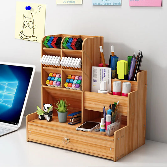 Wooden Desktop Organizer for Pens and Office Supplies