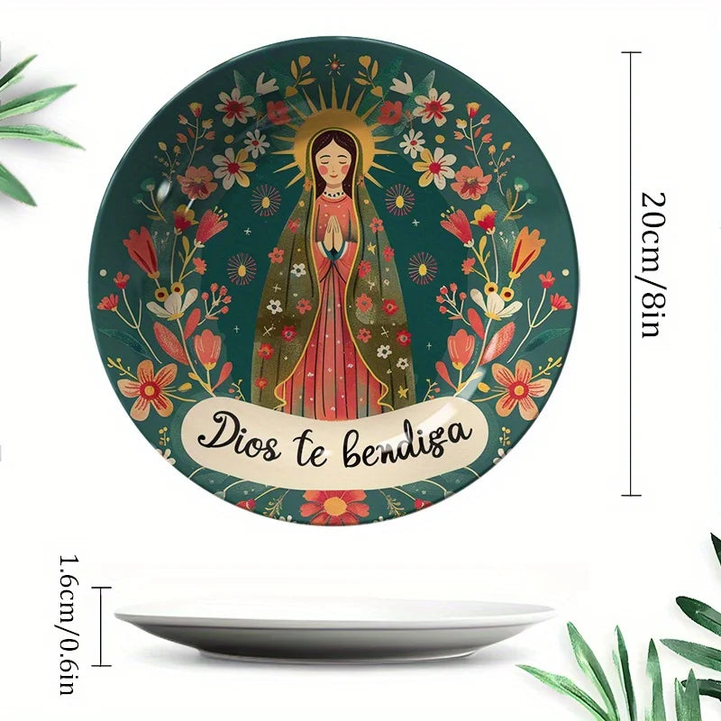 Virgin of Guadalupe Floral Round Ceramic Wall Plate - Religious Art Decor for Home, Non-Food Use