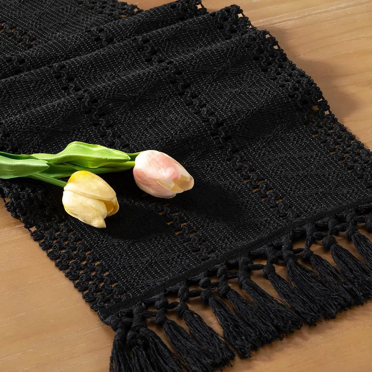 Cream & Brown Boho Table Runner with Tassels – Farmhouse Table Decor Accent