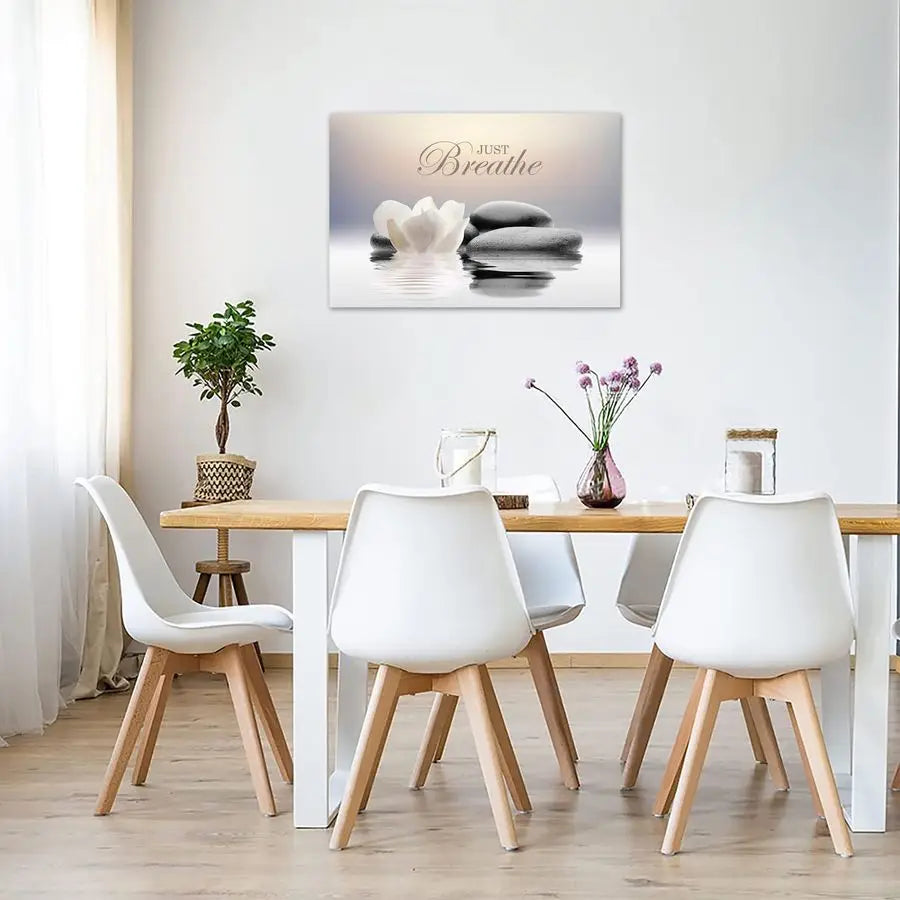 “Just Breathe” Yoga Wall Art with White Lotus Spa Design.