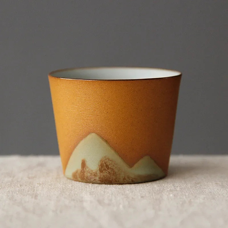 Handmade Ceramic Coffee Mug with Wooden Handle – Retro Tea & Coffee Cup with Filter Design