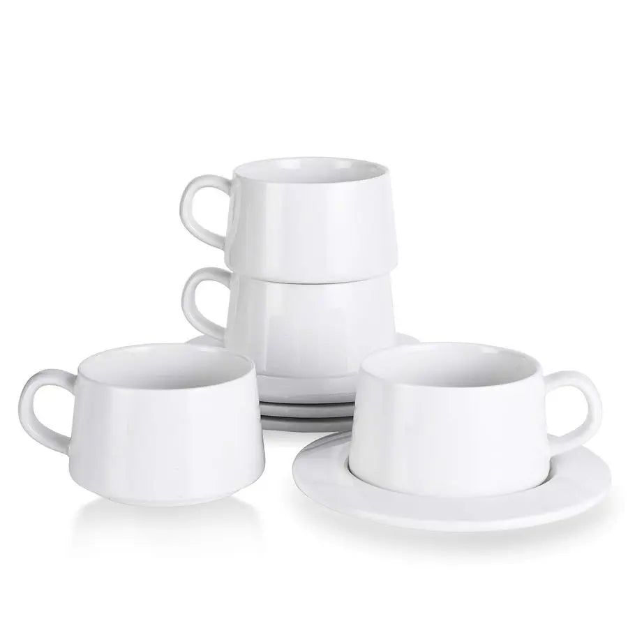 Porcelain Stackable Cappuccino Cups with Saucers – 8oz Specialty Coffee Cup Set