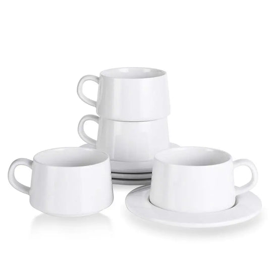 Porcelain Stackable Cappuccino Cups with Saucers – 8oz Specialty Coffee Cup Set