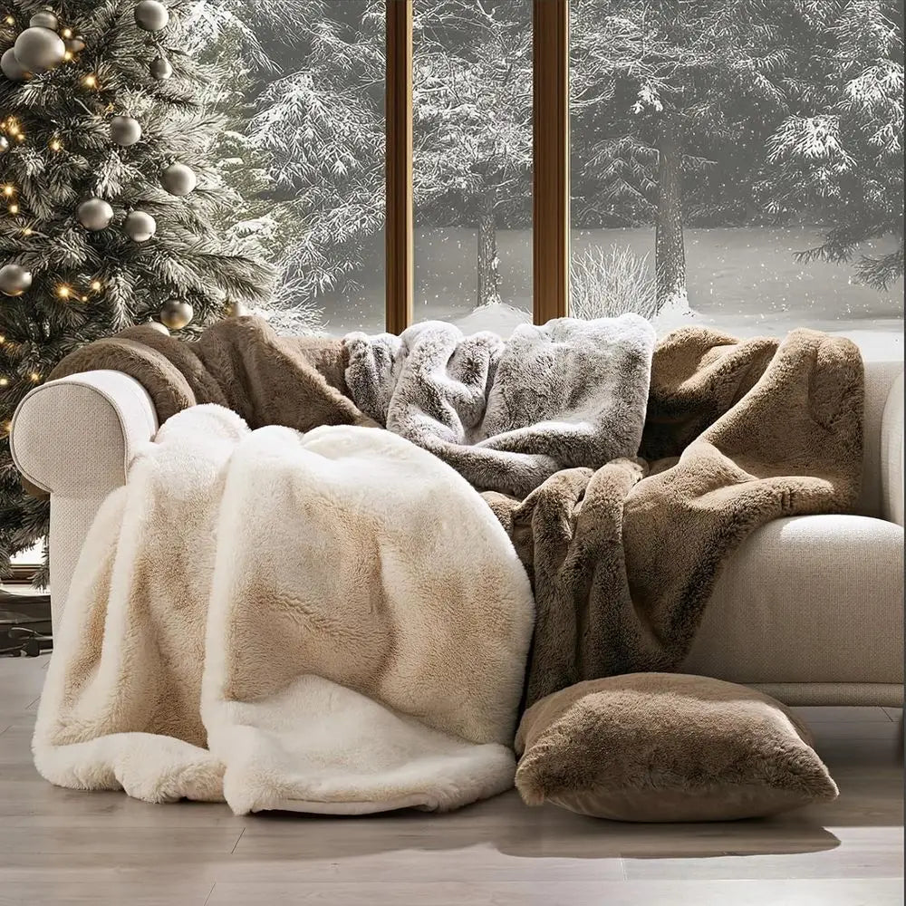 Warm Thick Faux Fur Blanket – Luxury Chinchilla Style Heavyweight 1220GSM for Sofa & Bed;