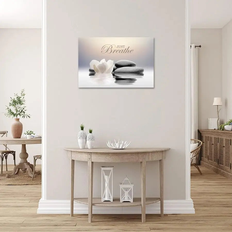 “Just Breathe” Yoga Wall Art with White Lotus Spa Design.
