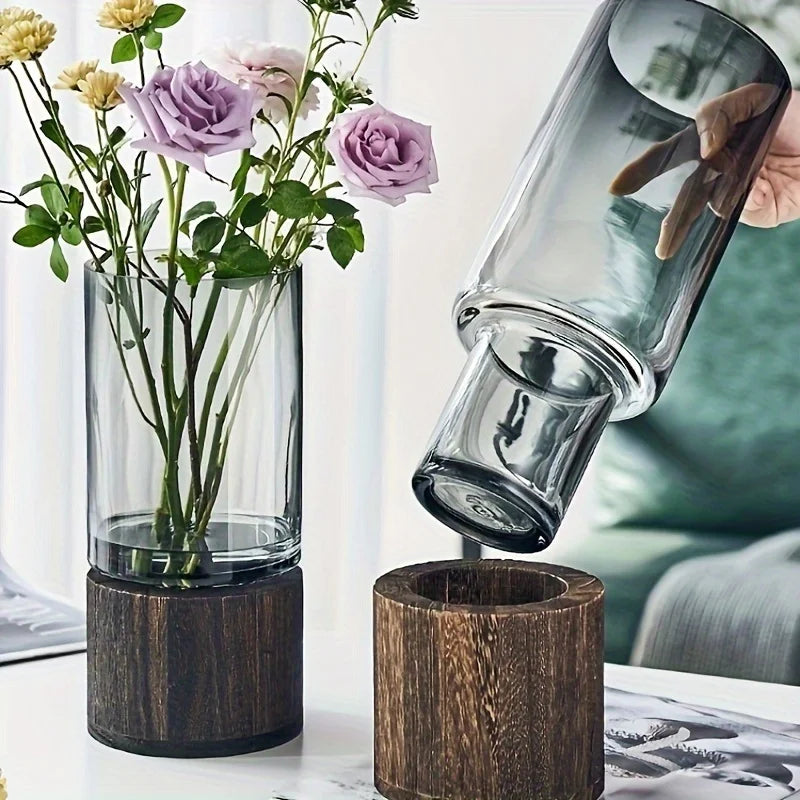 Contemporary Glass Vase with Minimalist Wooden Stand.