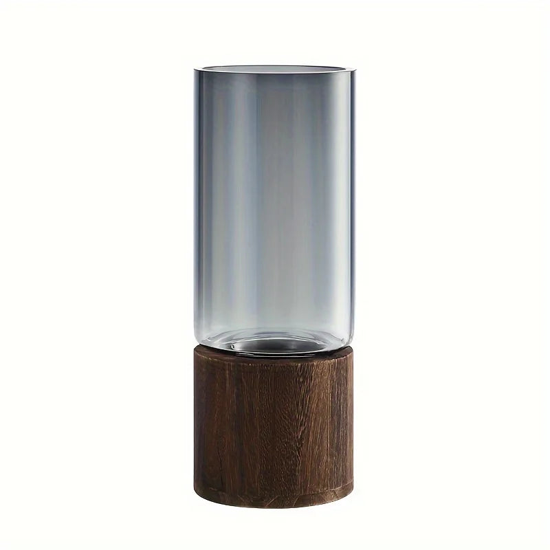 Contemporary Glass Vase with Minimalist Wooden Stand.