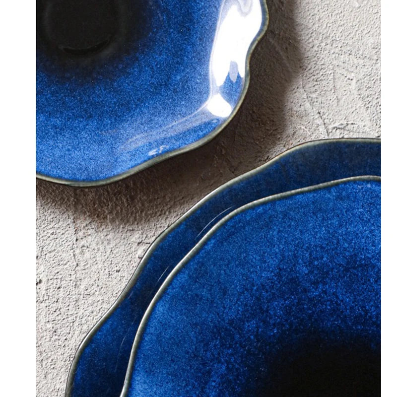 Artistic Japanese Ceramic Flat Plate – Cat Eye Blue Irregular Food & Steak Dish 1pc