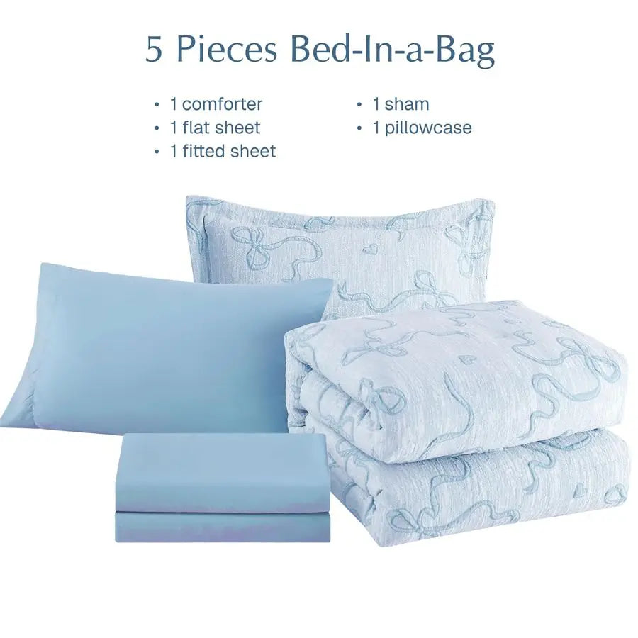 Light Blue Twin Comforter Set for Girls – 5 Piece Bowknot Jacquard Bed in a Bag Bedding Set