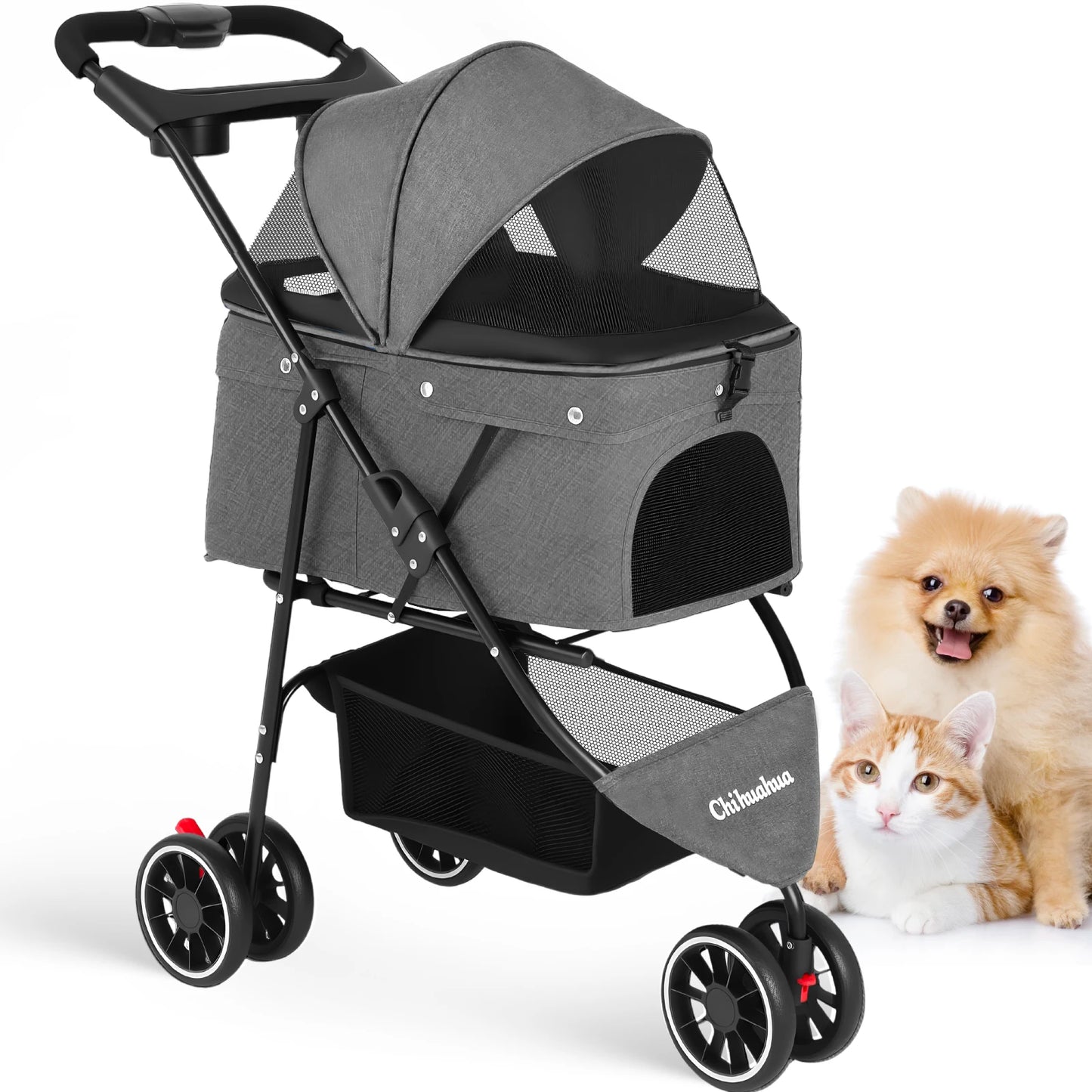 Portable Foldable Pet Stroller for Small Dogs and Cats; with Canopy and Storage Basket in Multiple Colors.