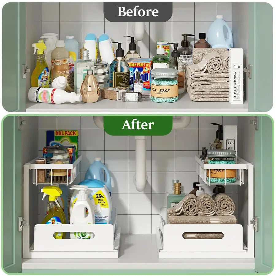 Under Sink Organizer – 2 Tier Pull-Out Slide-Out Cabinet Storage Shelf for Kitchen & Bathroom