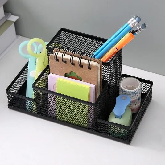 Black Mesh Desk Organizer Caddy with Pencil Holder and 3 Storage Compartments