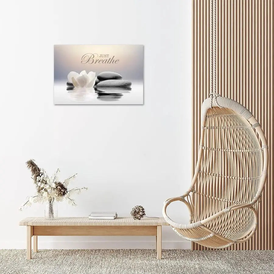 “Just Breathe” Yoga Wall Art with White Lotus Spa Design.
