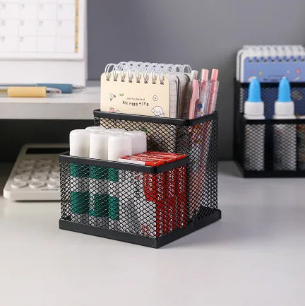 Black Mesh Desk Organizer Caddy with Pencil Holder and 3 Storage Compartments