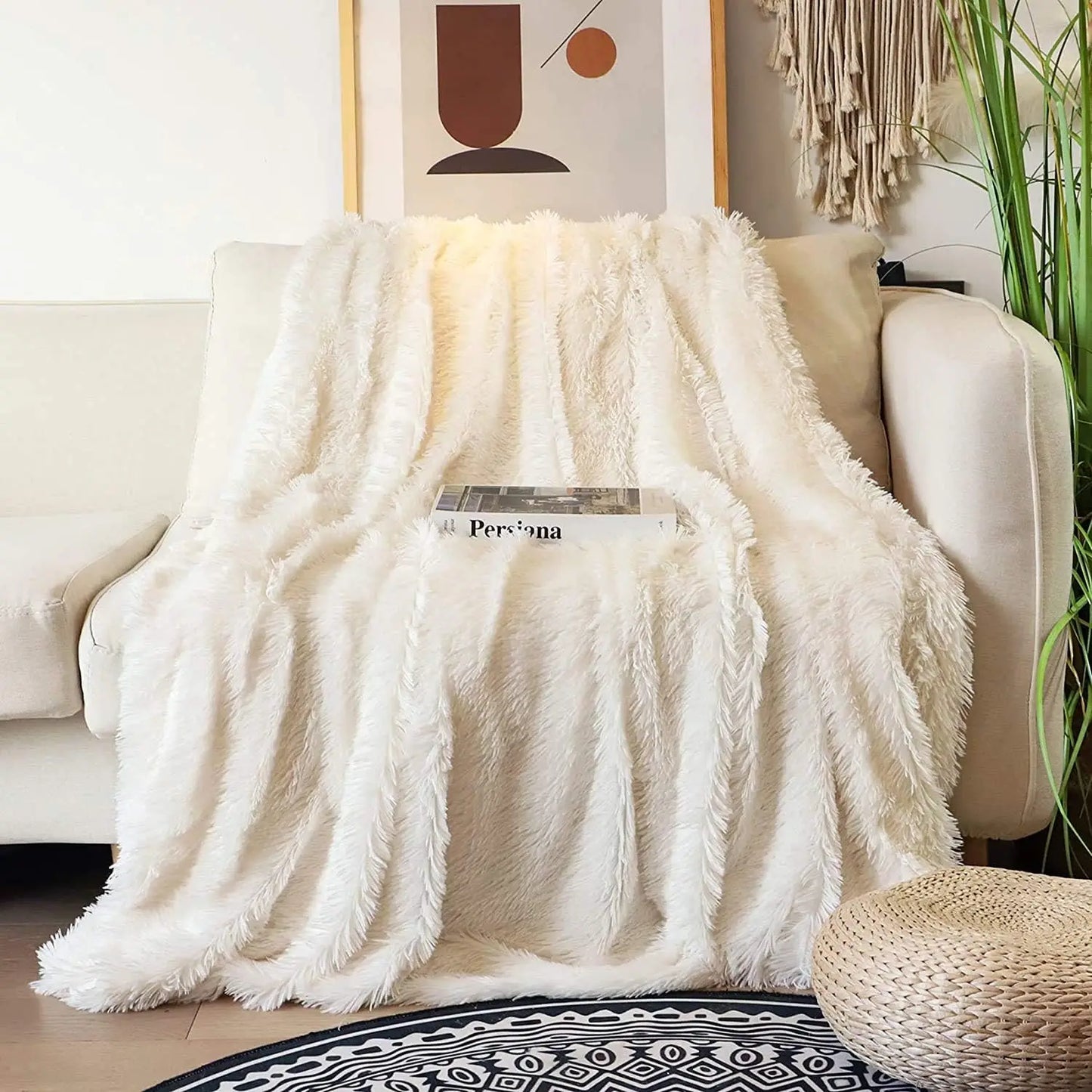 Extra Soft Reversible Faux Fur Blanket – Queen Size 80x90 Cream White Plush Throw.