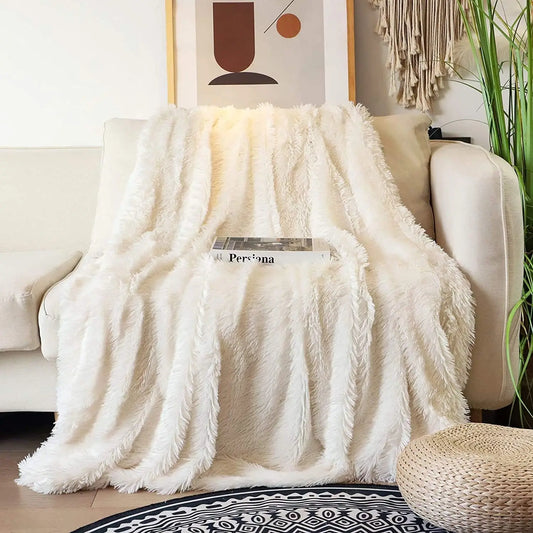 Extra Soft Reversible Faux Fur Blanket – Queen Size 80x90 Cream White Plush Throw.