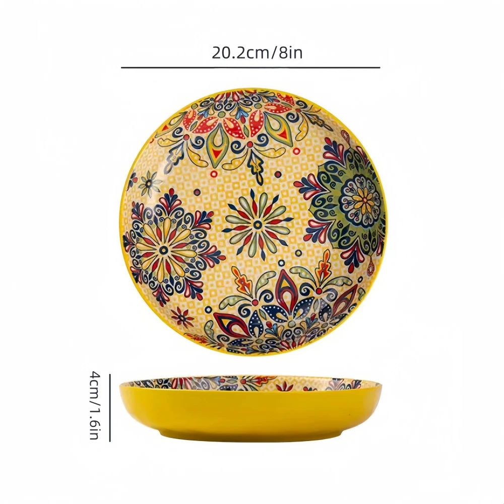 Creative Bohemian Ceramic Dinner Plate – High-Rimmed Multi-Use Home Dish