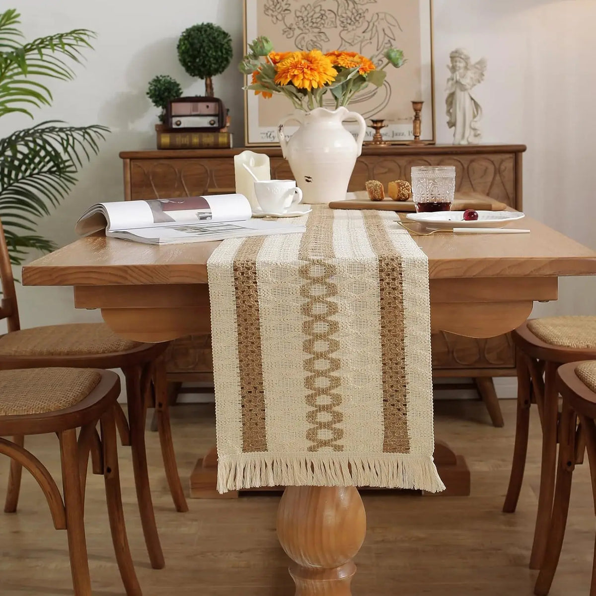 Cream & Brown Boho Table Runner with Tassels – Farmhouse Table Decor Accent