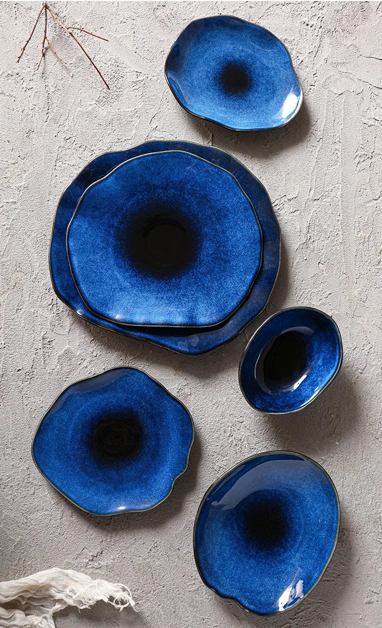 Artistic Japanese Ceramic Flat Plate – Cat Eye Blue Irregular Food & Steak Dish 1pc