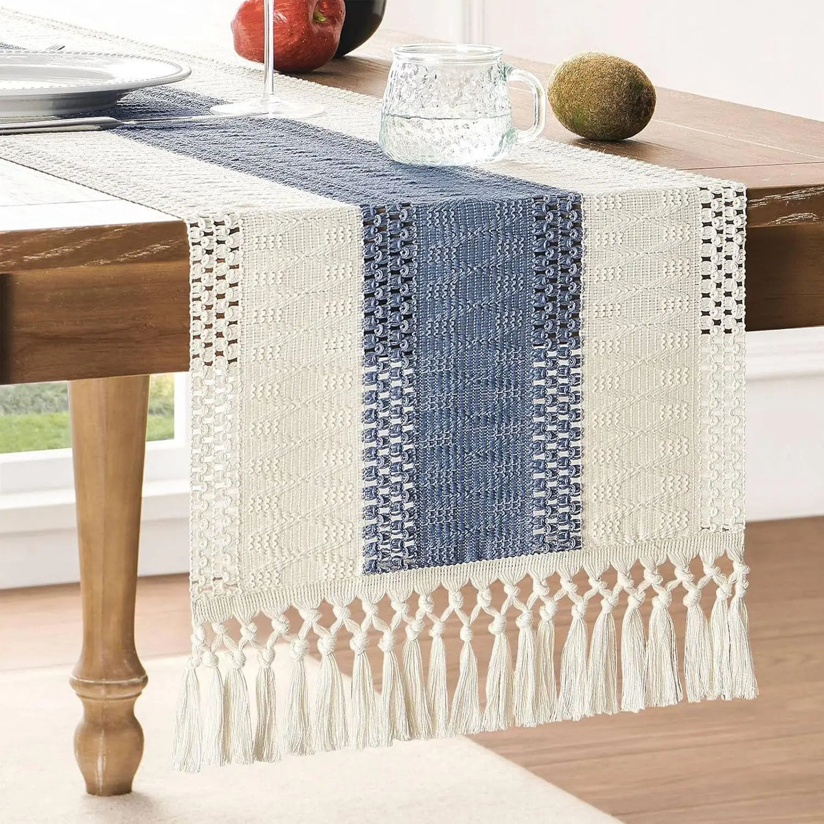 Cream & Brown Boho Table Runner with Tassels – Farmhouse Table Decor Accent