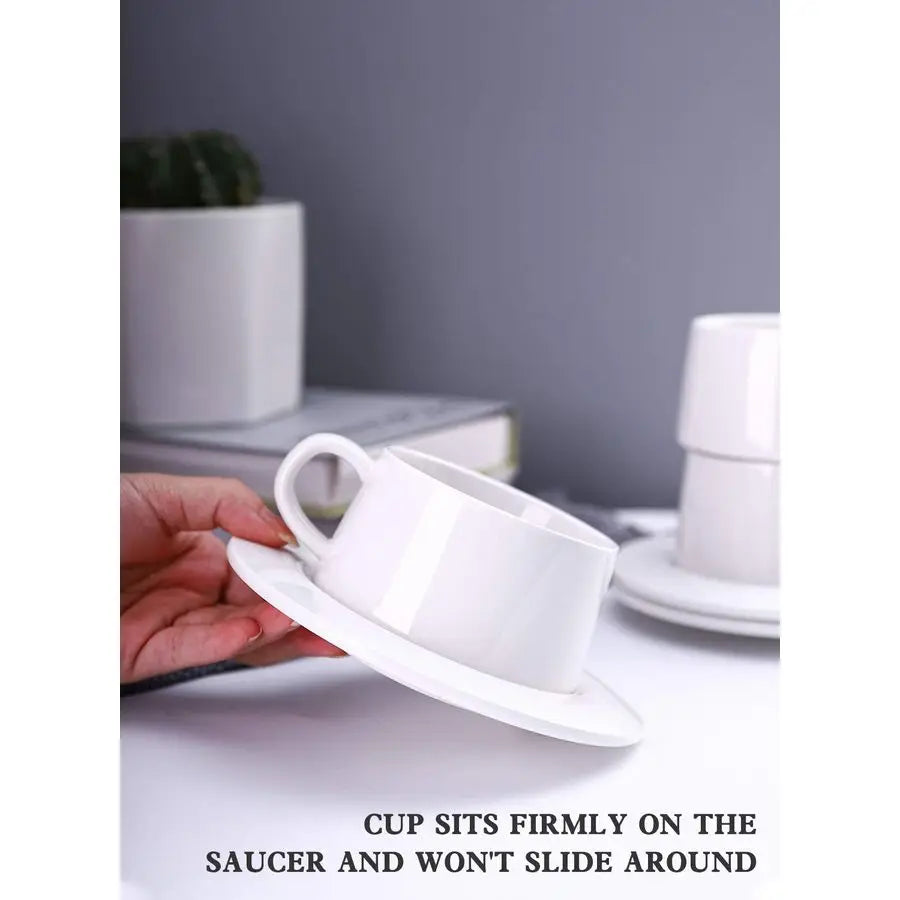 Porcelain Stackable Cappuccino Cups with Saucers – 8oz Specialty Coffee Cup Set