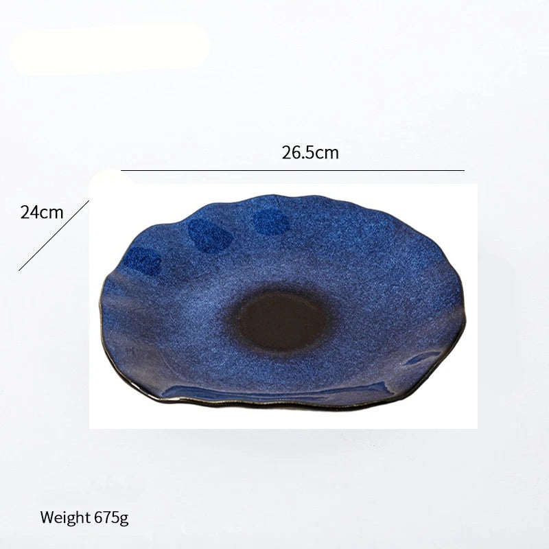 Artistic Japanese Ceramic Flat Plate – Cat Eye Blue Irregular Food & Steak Dish 1pc