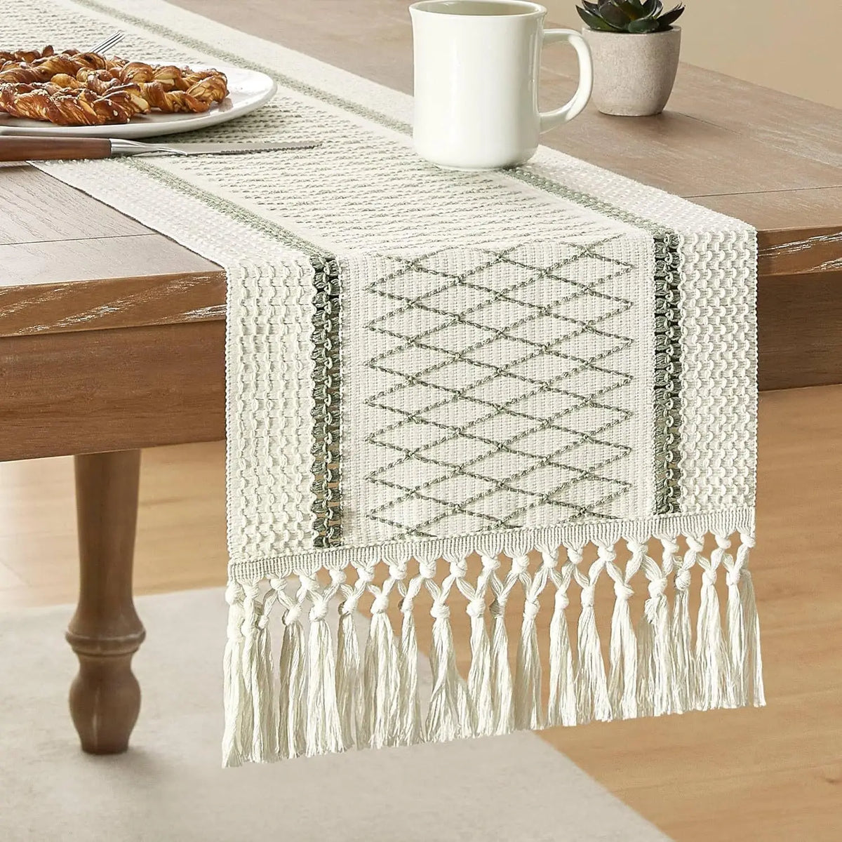 Cream & Brown Boho Table Runner with Tassels – Farmhouse Table Decor Accent