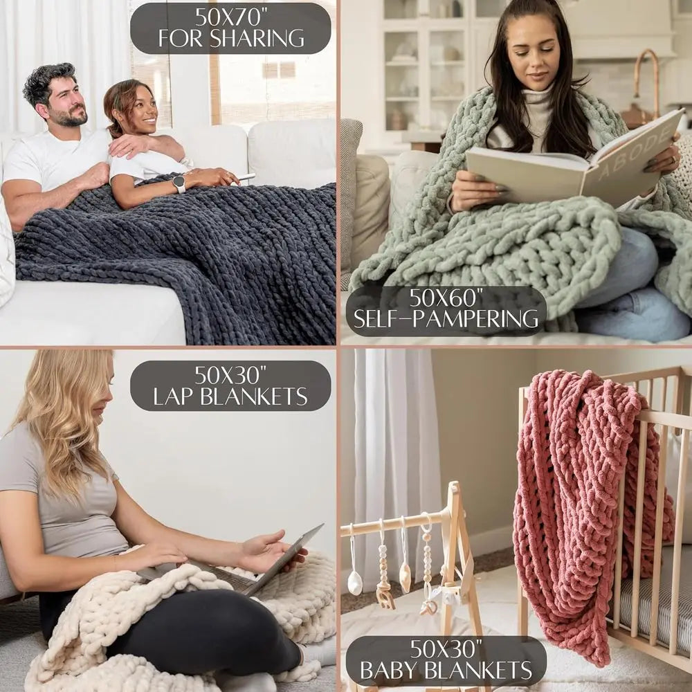 50x70 Thick Yarn Knitted Throw Blanket – Grey Chunky Chenille Sofa or Bed Blanket.