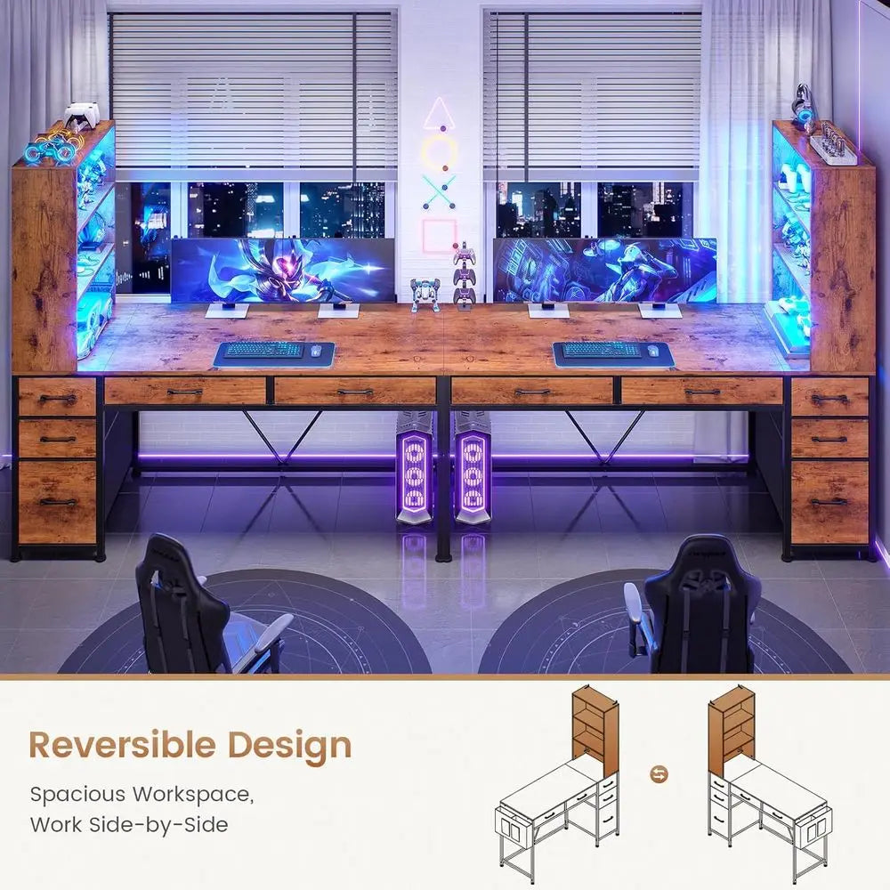 5-Drawer Rustic Brown Computer Desk with Integrated Bookshelf and LED Lights.